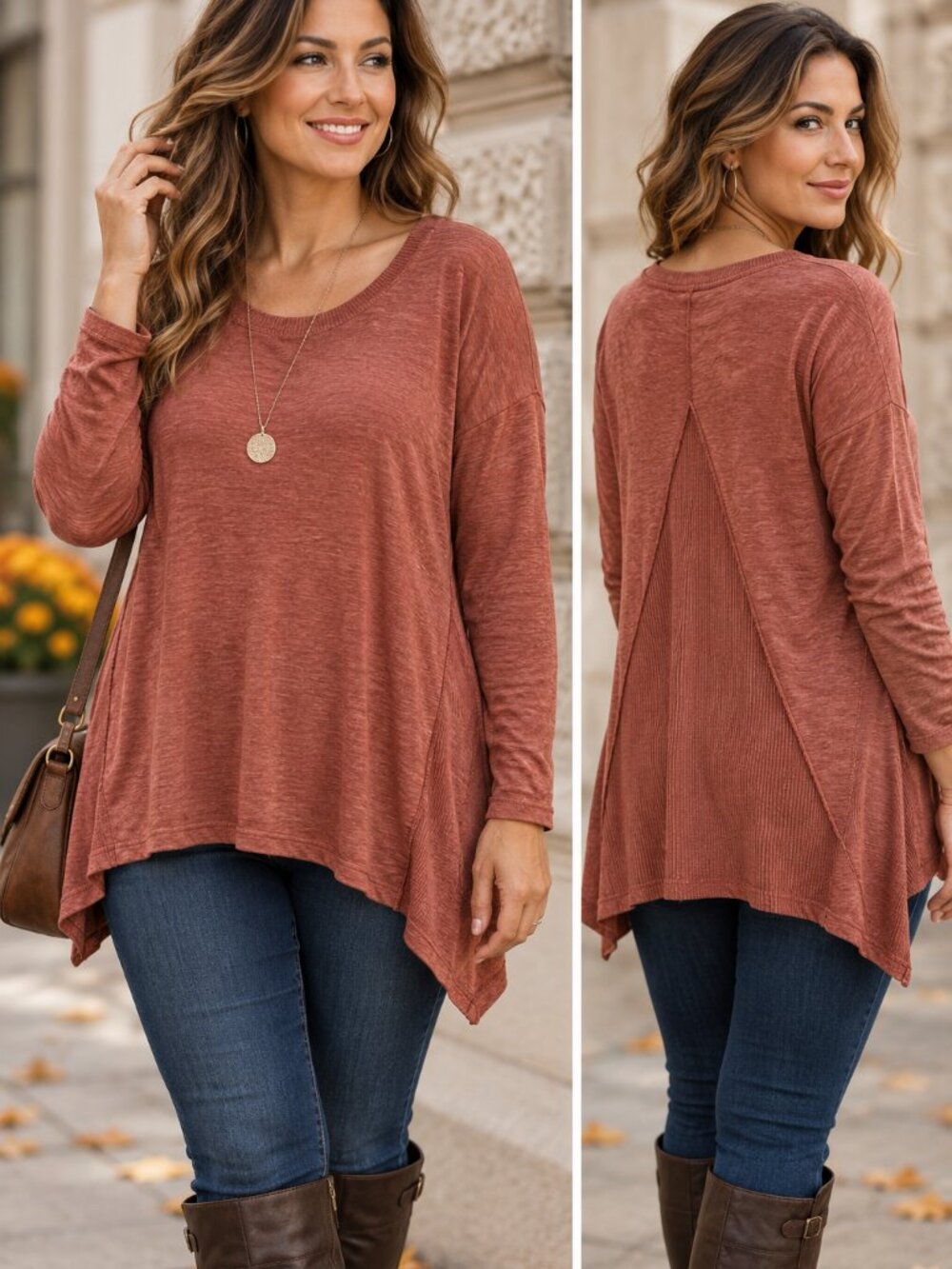 Plus Size 1X Rust Tunic Top Mixed Knit Asymmetrical Boho Lagenlook Fall NWT